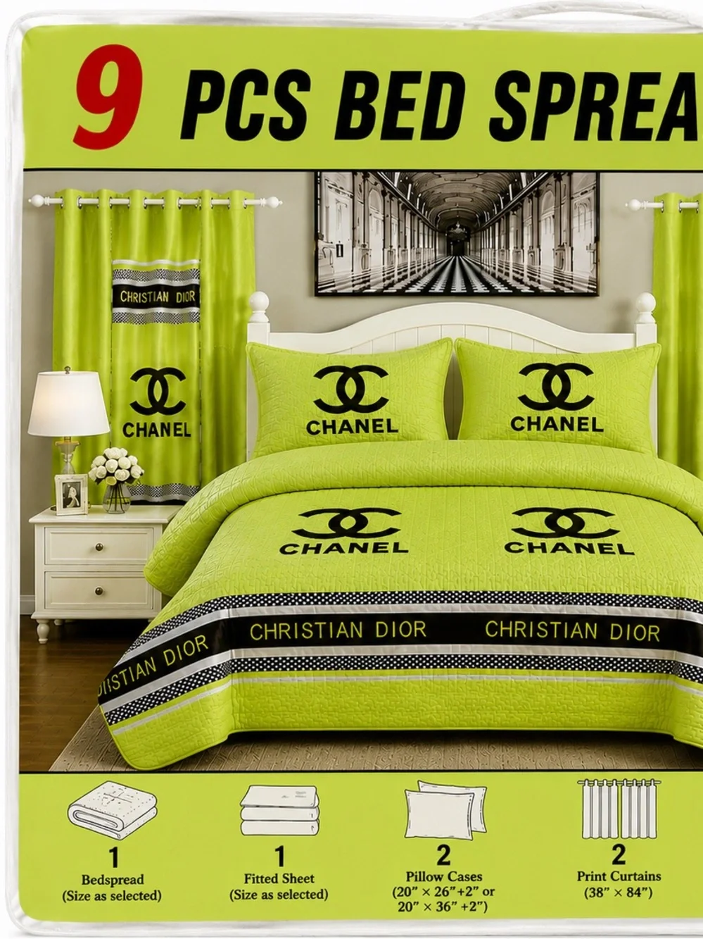 Ça 9-Piece King Bedspread & Curtain Set – Lime Green
